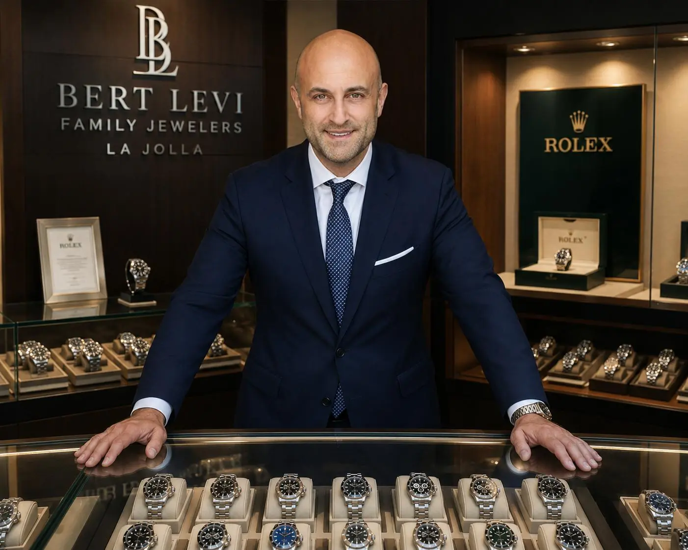 Bert Levi behind the watch counter at the La Jolla showroom